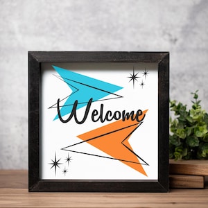 Mid Century Modern Welcome Sign Retro Wall Art Atomic Starburst Home Decor Vintage Style Artwork 1950s Aesthetic Wall Print with Frame