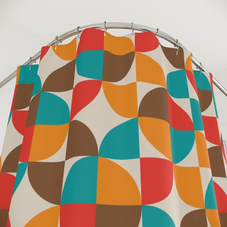 Mid century modern shower curtain featuring teal orange red and brown circles perfect for retro bathroom upgrades or housewarming gifts.