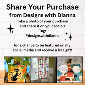 Puede incluir: Imagen promocional de Designs with Dianna, que anima a los clientes a compartir fotos de sus compras en las redes sociales con el hashtag #designswithdianna para tener la oportunidad de ser destacados y recibir un regalo gratis. Incluye ejemplos de productos.