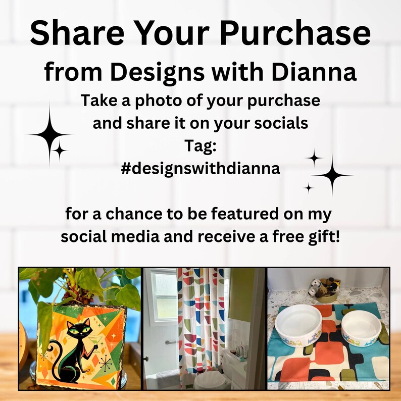 Puede incluir: Imagen promocional de Designs with Dianna, que anima a los clientes a compartir fotos de sus compras en las redes sociales con el hashtag #designswithdianna para tener la oportunidad de ser destacados y recibir un regalo gratis. Incluye ejemplos de productos.