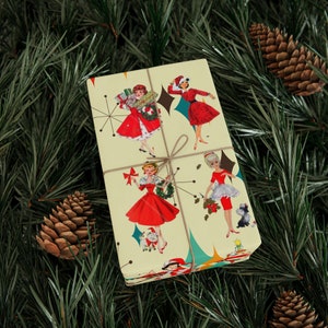 Papel de regalo navideño retro vintage de los años 50, papel de regalo vintage de los años 50, papel de regalo rosa de estilo moderno de mediados de siglo, decoración de regalo navideño MCM imagen 7