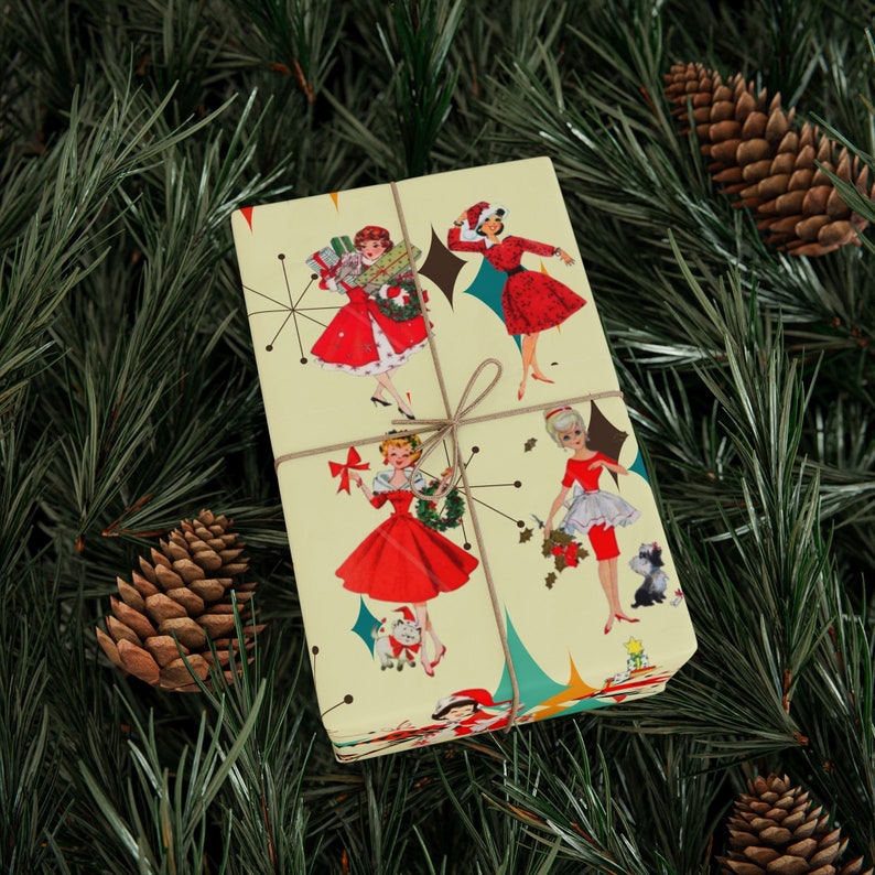Papel de regalo navideño retro vintage de los años 50, papel de regalo vintage de los años 50, papel de regalo rosa de estilo moderno de mediados de siglo, decoración de regalo navideño MCM imagen 7
