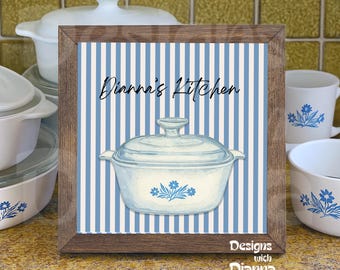 Vintage CorningWare Kitchen Wall Art Print Personalized Retro Blue Cornflower Print for Collectors Dining Room Gift Home Decor for Mom