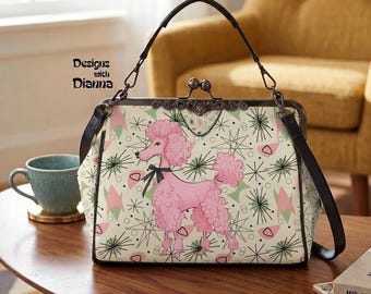 Pink Poodle Retro Handbag Mid Century Modern Purse Atomic Starburst Bag Rockabilly Vintage Style Shoulder Bag