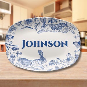 Personalized Easter Toile Platter Custom Bunny Plate Unique Hostess Gift Chinoiserie Botanical Toile Plate Floral Serving Tray Gift for Mom