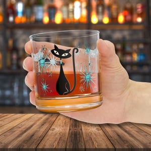 Atomic Cat  Whiskey Bar Glass Atomic Starburst Whiskey Glass Retro Mid Century Modern Barware Vintage Lowball Cocktail Glass MCM Rock Glass