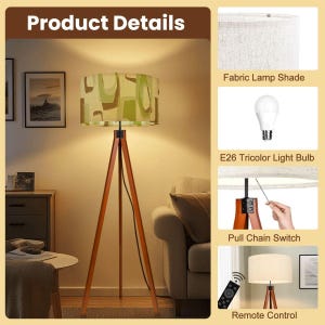 Mid Century Modern tripod floor lamp featuring an olive green geometric drum lampshade with retro Atomic design.