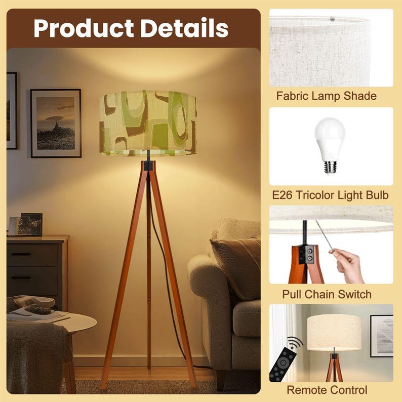 Mid Century Modern tripod floor lamp featuring an olive green geometric drum lampshade with retro Atomic design.