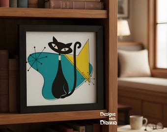 Atomic Cat Art Mid Century Modern Decor Unique Cat Lover Gift Retro Home Decor Quirky Cat Wall Art Vintage Mod Cat Lover Gift Atomic Style