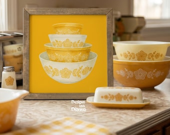 Arte de mariposa Pyrex enmarcado en oro Decoración retro para pared de cocina Impresión Pyrex vintage Regalo para coleccionistas Obra de arte de mariposa Pyrex dorada enmarcada a mano