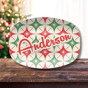 Retro Christmas Platter Personalized Holiday Dish Mid Century Decor Custom Plate with Name Perfect for Holiday Parties and Gifting for MCM