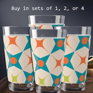 Atomic Starburst Glasses Retro Style Highball Tumblers Mid Century Modern Drinkware Unique Gift Retro Turquoise and Orange Pint Mixing Glass