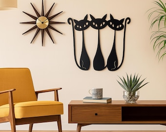 Retro Atomic Cat Metal Wall Art Mid Century Modern Minimalist Cat Silhouette Vintage Inspired Home Decor for Cat Lovers