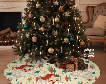 Retro Santa Tree Skirt 44 Inch Mid Century Christmas Decor Vintage Style Tree Skirt for Holiday Decorators Nostalgic Xmas Decoration