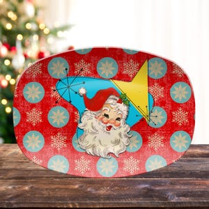 Retro Vintage 50s Franciscan Diamond Starburst Kitsch Christmas Card Art Platter, Retro Vintage 50s Cookies For Santa Plate, 50s Santa Plate