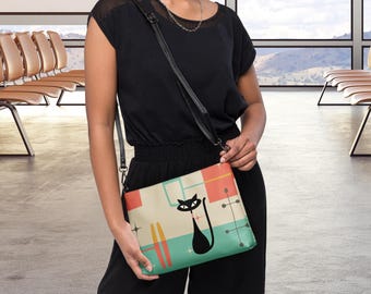 Atomic Cat Handbag, Atomic Cat Crossbody Bag, Black Cat Shoulder Bag, Kitschy Cat Gift, 50s Retro Cat Hand Bag, MCM Purse, Cat Lover Gift