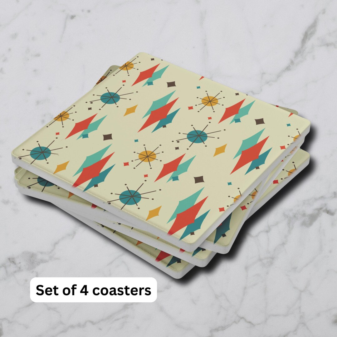Mid Century Modern Set of 4 Stone Coasters Atomic Starburst Square ...