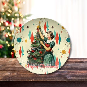 Retro Vintage 50s Franciscan Diamond Starburst Kitsch Christmas Card Art Platter, Retro Vintage 50s Cookies For Santa Plate Retro Christmas