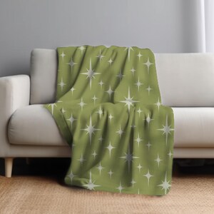 Mid Century Modern Sherpa Fleece Blanket MCM Geometric Throw in Lime Cream Green Atomic Starburst Throw Blanket Retro Style Home Decor