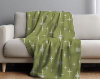 Mid Century Modern Sherpa Fleece Blanket MCM Geometric Throw in Lime Cream Green Atomic Starburst Throw Blanket Retro Style Home Decor