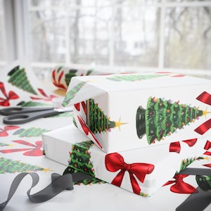 1950s Retro Vintage Christmas Wrapping Paper, Mid Century Modern Retro Green, Red, Ceramic Christmas Tree Holiday Gift Wrapping Paper