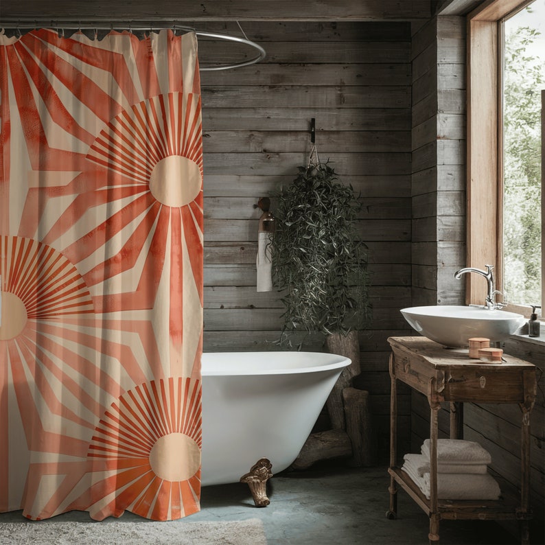 mcm shower curtain, retro bathroom, sunburst curtain, atomic bathroom, pink shower, geometric bath, mod bathroom, retro decor, boho bathroom, bath curtain, mcm decor, vintage bath, bathroom gift