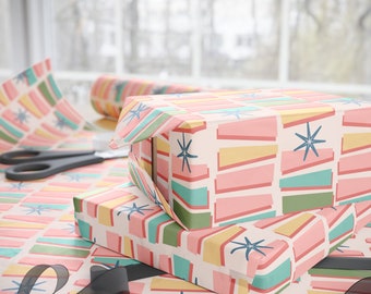 Papel de regalo navideño retro vintage de los años 50, papel de regalo vintage de los años 50, papel de regalo rosa moderno de mediados de siglo, decoración navideña MCM