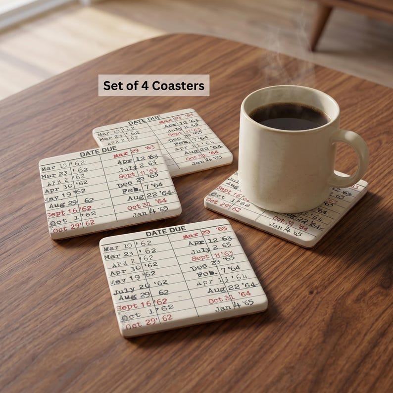Library Card Coaster Set Soapstone Coasters for Book Lovers Vintage ...