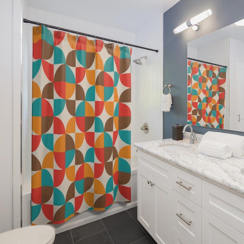 Modern geometric shower curtain with retro inspired colors perfect for stylish bathroom accessories and home gifts.