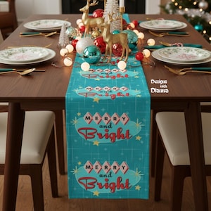 Retro Vintage 50s Franciscan Diamond Starburst Kitsch Christmas Merry and Bright Table Runner Retro MCM Christmas Starburst Table Runner