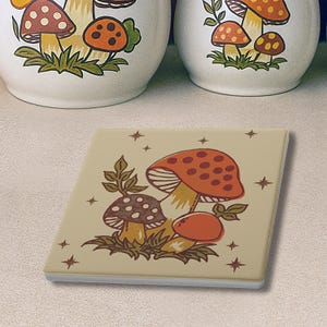 Merry Mushroom Vintage Kitchen Decor Set of 4 Stone Coasters Collectible Cottagecore Home Style Accessories 70s Mushroom Gifts