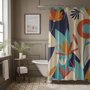 Mid Century Modern Retro Geometric Shower Curtain Vintage 1950s MCM Beige Cream Mustard and Teal Quirky Colorful Bathroom Decor