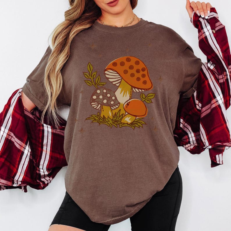 Comfort Colors Shirt, Comfort Colors Tee, Vintage Style Shirt, Boho mushroom graphic tee with earthy tones, ideal for lounging, gifting, or daily campus wear 🍄