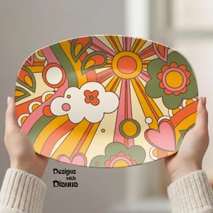retro platter, 70s decor plate, groovy kitchen, hippie platter, flower power decor, boho serving tray, vintage style dish, colorful platter, retro kitchen gift, mid century decor, funky home decor, hostess gift idea, 70s party decor