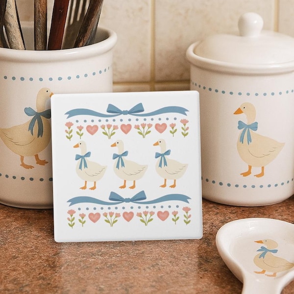 Silly Goose Coasters Vintage Inspired Kitchen Decor Cute Blue Bow Drink Coaster Set Cottagecore Housewarming Gift Retro Coffee Table Decor