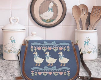 Silly Goose Purse Cottagecore Bag With Geese Vintage Inspired Crossbody Bag For Women Whimsical Goose Print Shoulder Purse Quirky Goose Gift
