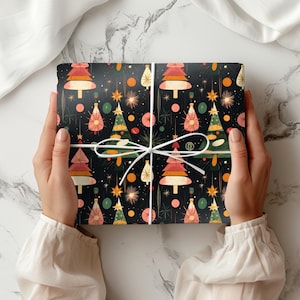 Vintage Christmas Wrapping Paper Retro Style Joyful Holiday Gift Wrap Festive Christmas Tree 1950s style Beautiful Retro Christmas Gift Wrap