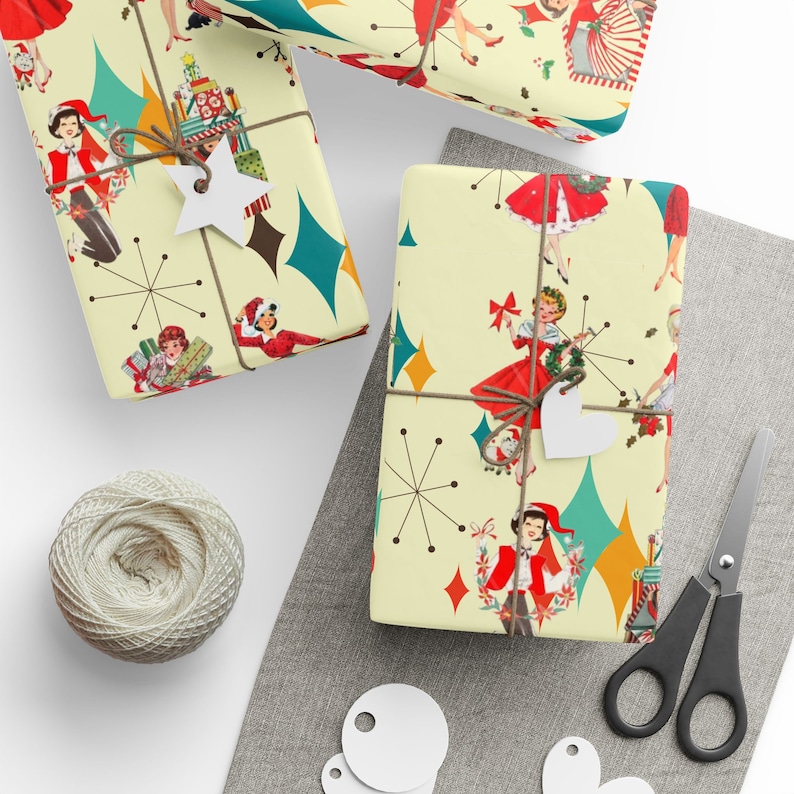 Papel de regalo navideño retro vintage de los años 50, papel de regalo vintage de los años 50, papel de regalo rosa de estilo moderno de mediados de siglo, decoración de regalo navideño MCM imagen 3