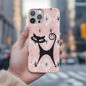 Atomic Cat Phone Case Compatible with iPhone 16 Retro Design for Cat Lovers Trendy Gift for Cat Lovers Tough Phone Case Durable & Stylish