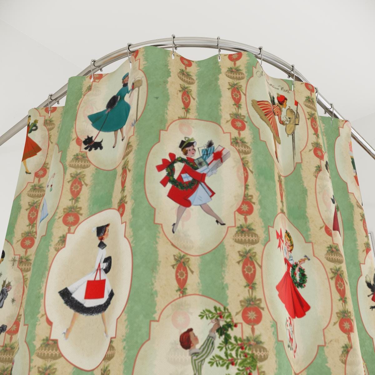 Mid Century Modern Christmas Shower Curtain 1950s Women and Ladies…