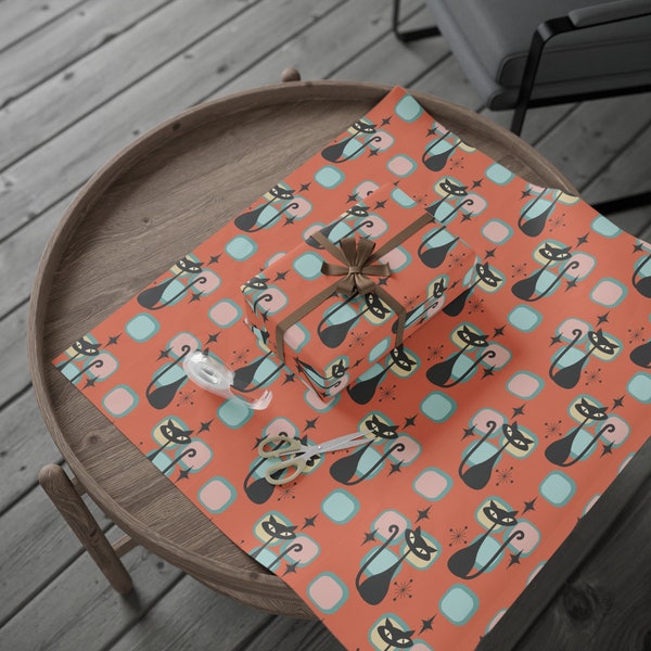 Atomic Cat Gift Wrapping Paper, MCM Atomic Cat Wrapping Paper, Personalized Birthday Gift Wrap for Cat Lovers