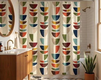 Mid Century Modern Retro Geometric Shower Curtain Vintage 50s MCM Teal Green Mustard and Rust Quirky Bath Decor Colorful Shower Curtain