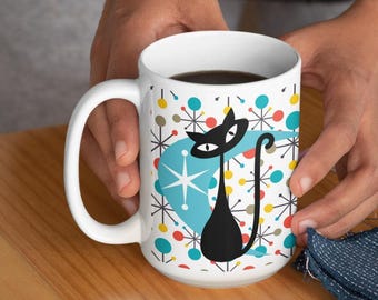 Atomic Cat Coffee Mug Jumbo 20oz Mid Century Modern Black Cat Mug Retro Coffee Cup Vintage Inspired Cat Lover Gift
