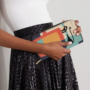 Atomic Cat Handbag Cat in Pearls Wallet Atomic Cat Wristlet Mid Century Mod Purse MCM Purse Vegan Leather Mid Mod Wallet Kitschy Cat Gift