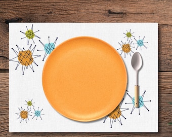 Franciscan Starburst Placemat Atomic Mid Century Design Mid Century Modern Dinnerware Placemats Aqua Blue and Orange Retro Kitchenware