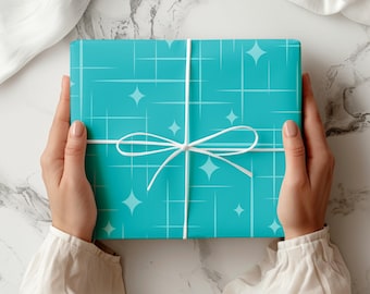 Papel de regalo retro Atomic Starburst, papel de regalo moderno de mediados de siglo, papel de regalo Atomic Turquoise Starburst, papel de regalo retro de los años 50 con diseño de diamante azul.