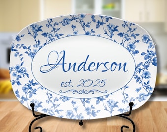 Custom Wedding Gift Personalized Bridal Shower Gift Blue Floral Toile Platter Unique Gift for Groom and Bride Kitchen Decor Gift for Mom
