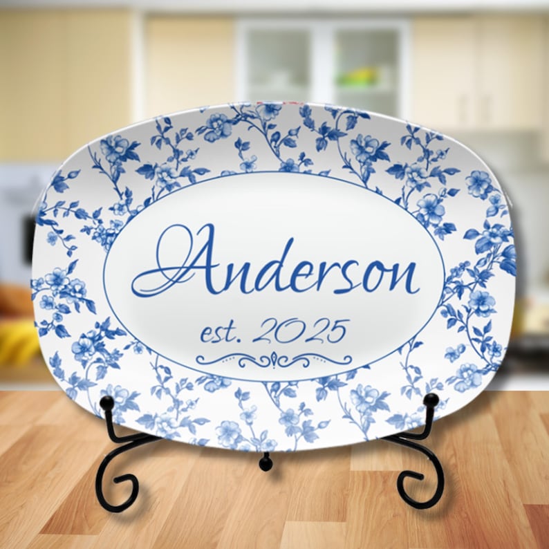 Custom Blue Floral Toile Platter
