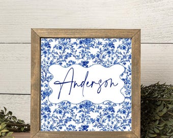 Custom Blue and White Chinoiserie Name Sign Personalized Toile Family Name Wall Art French Country Home Decor Delft Tile Inspired Print