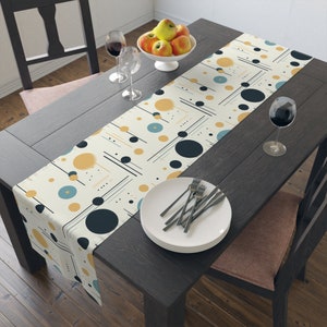 Mid Century Modern Abstract Table Runner in Yellow, Teal, Cream, and Black Colors, Geometric Table Linen, Abstract Table Decor